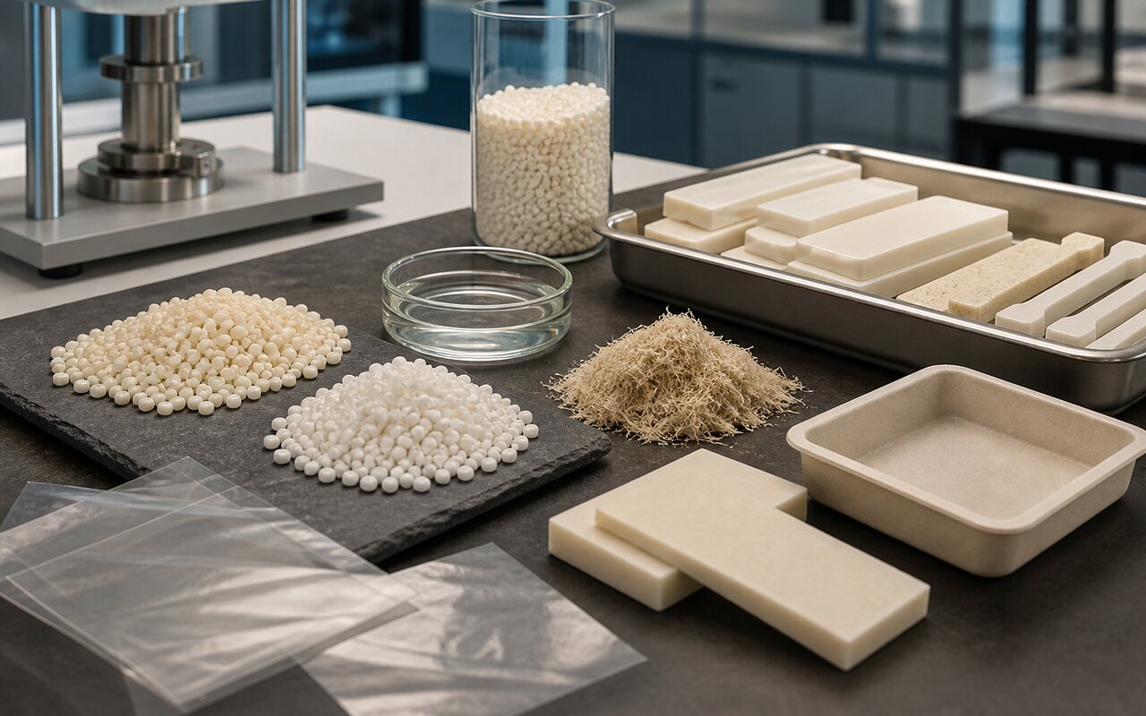Componenti polimerici bio-based, film, provini e una vaschetta rigida su un banco di laboratorio.