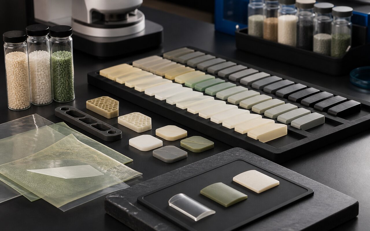 Una libreria ordinata di campioni polimerici e provini di materiale in laboratorio.