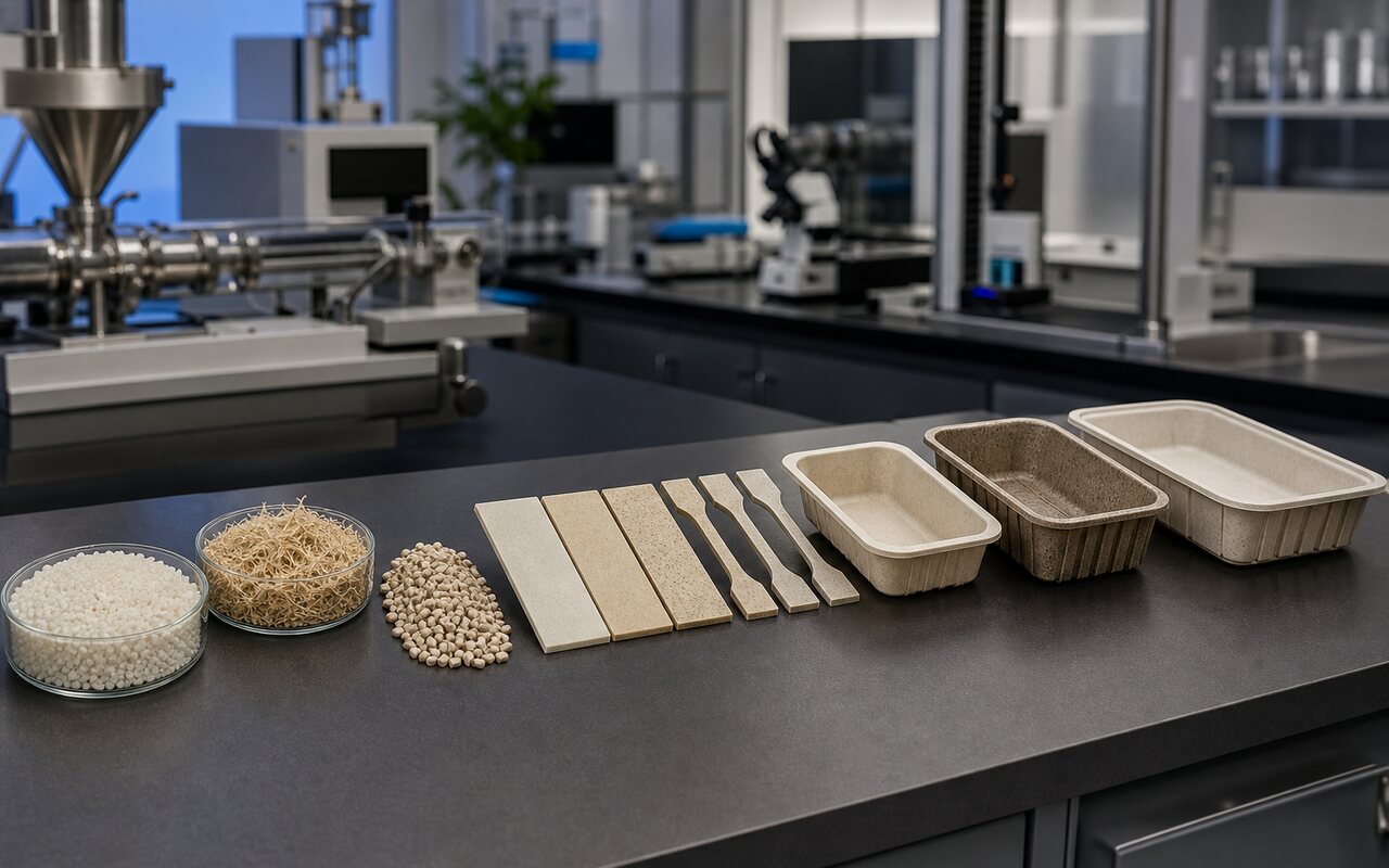 Input polimerici, provini e tre prototipi di vaschetta disposti come flusso di laboratorio.
